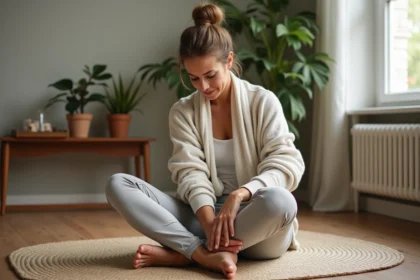 Femme assise en yoga massage son gros orteil dans un salon chaleureux