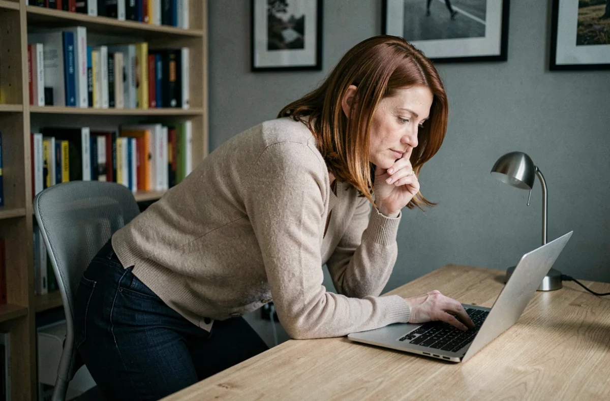 Femme en mauvaise posture assise devant un ordinateur portable, illustrant les risques de déplacement du sacrum au bureau