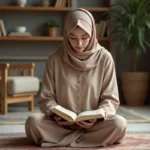 Femme musulmane en hijab lisant le Quran dans un intérieur calme
