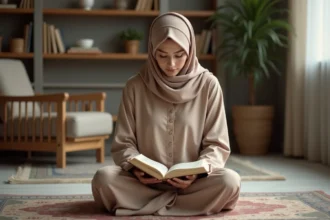 Femme musulmane en hijab lisant le Quran dans un intérieur calme