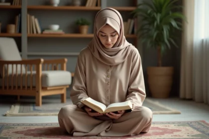 Femme musulmane en hijab lisant le Quran dans un intérieur calme