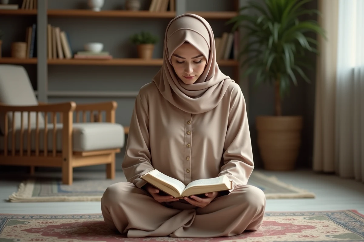 Femme musulmane en hijab lisant le Quran dans un intérieur calme