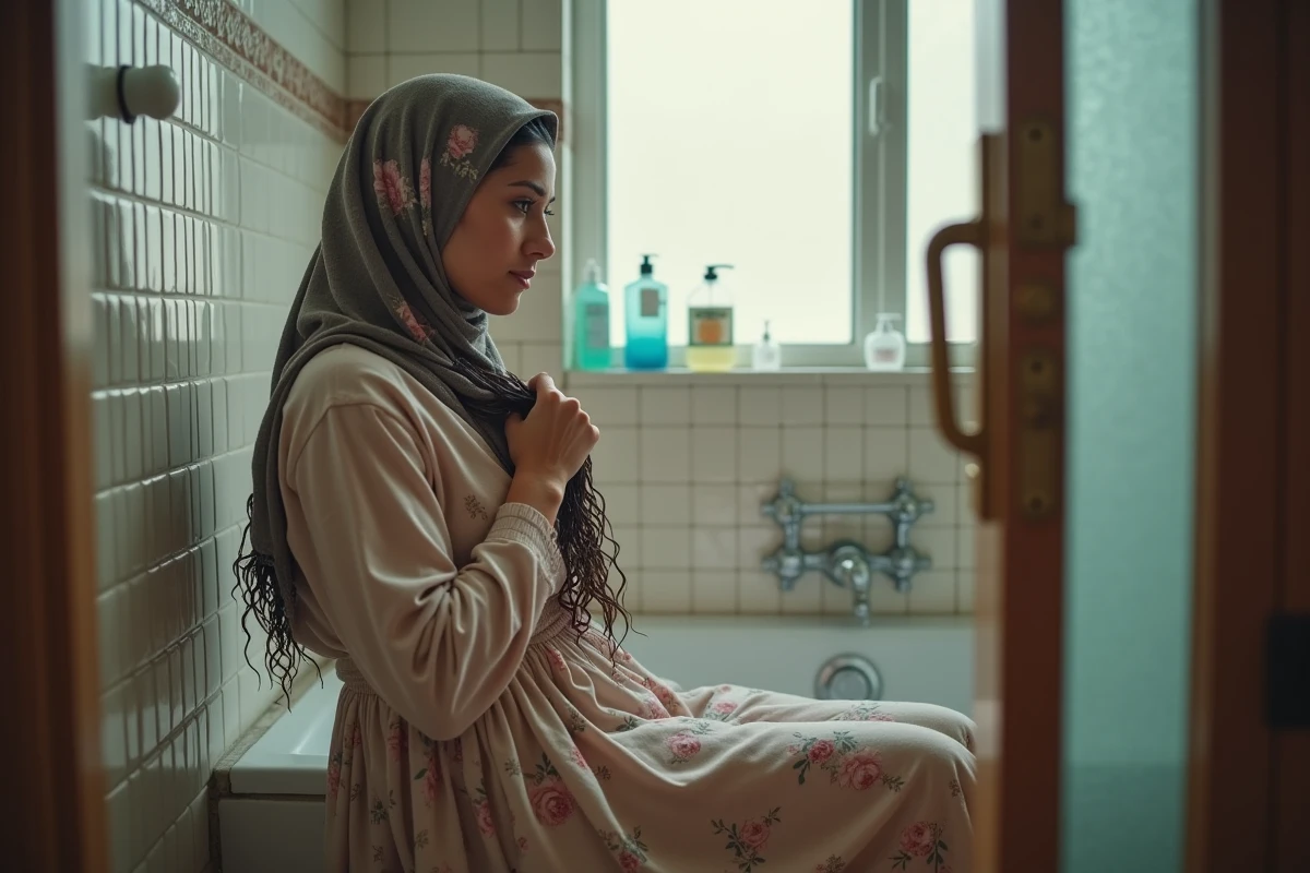 Femme musulmane coiffant ses cheveux mouilles dans la salle de bain