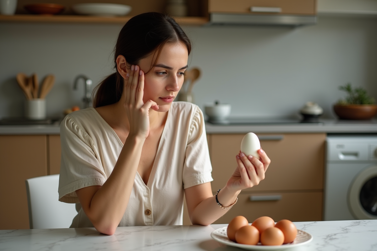 Femme en été examine un œuf dur dans une cuisine moderne