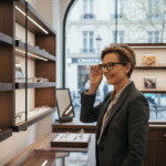 Femme d'affaires essayant des lunettes modernes dans une boutique parisienne