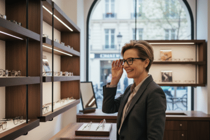 Femme d'affaires essayant des lunettes modernes dans une boutique parisienne