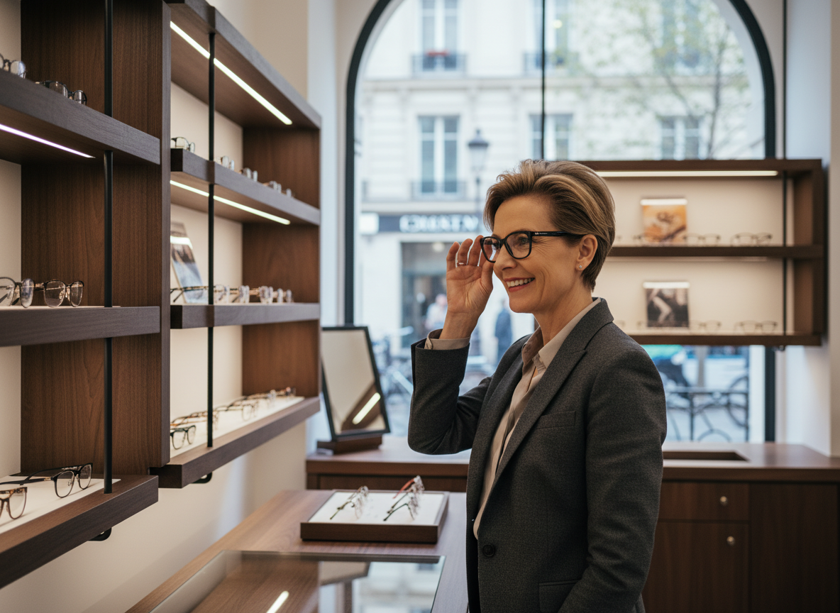 Femme d'affaires essayant des lunettes modernes dans une boutique parisienne