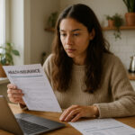 Femme comparant documents d'assurance santé à la maison