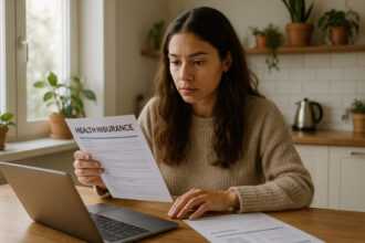 Femme comparant documents d'assurance santé à la maison