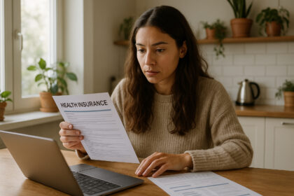 Femme comparant documents d'assurance santé à la maison