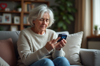 Femme d'âge moyen utilisant un oxymetre dans son salon
