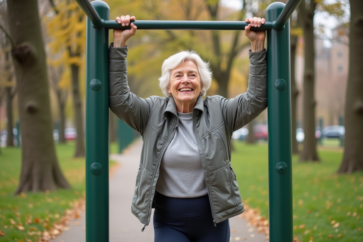 Femme âgée utilisant une barre de fitness en parc