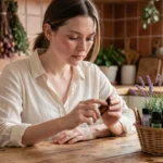 Femme à peau sensible examinant une huile essentielle dans une cuisine naturelle décorée de plantes séchées et de lavande