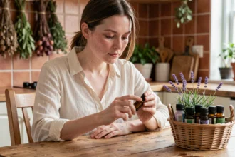 Femme à peau sensible examinant une huile essentielle dans une cuisine naturelle décorée de plantes séchées et de lavande