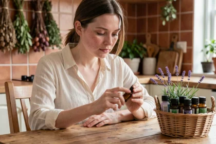 Femme à peau sensible examinant une huile essentielle dans une cuisine naturelle décorée de plantes séchées et de lavande