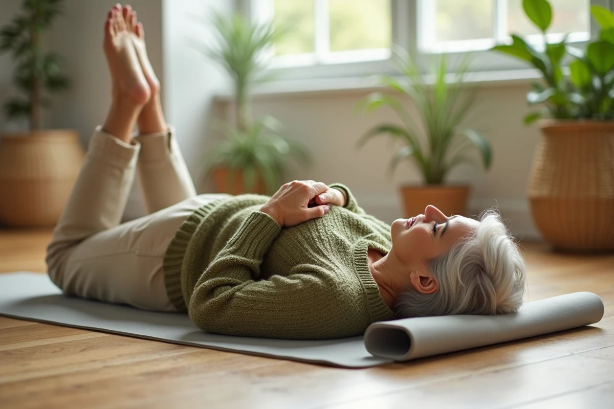 Femme âgée allongée sur un tapis de yoga, genoux ramenés vers la poitrine dans une position de relaxation pour soulager la sciatique, dans une véranda lumineuse