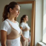 Femme ajustant sa posture devant un miroir en portant un soutien-gorge correcteur Percko sous un t-shirt blanc