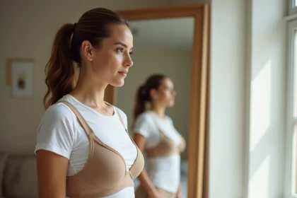 Femme ajustant sa posture devant un miroir en portant un soutien-gorge correcteur Percko sous un t-shirt blanc