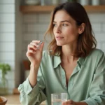 Femme tenant une capsule probiotique dans une cuisine moderne, illustrant la prise de probiotiques pour renforcer l'immunité