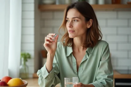 Femme tenant une capsule probiotique dans une cuisine moderne, illustrant la prise de probiotiques pour renforcer l'immunité