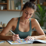 Femme en train de faire un puzzle cérébral dans la cuisine