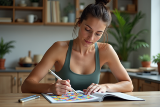 Femme en train de faire un puzzle cérébral dans la cuisine