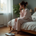 Femme en pyjamas regardant la balance dans la chambre