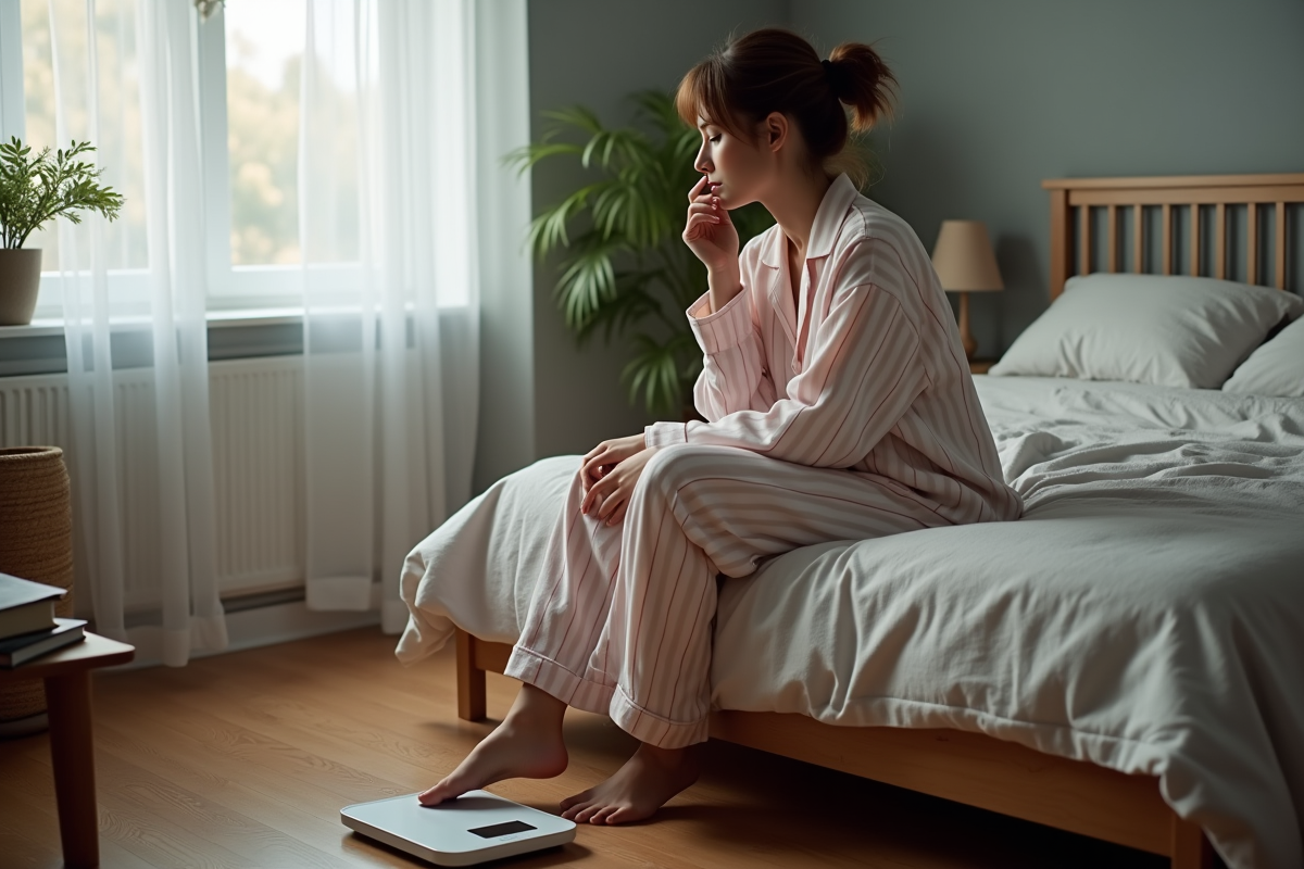 Femme en pyjamas regardant la balance dans la chambre
