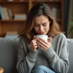 Femme adulte souffrant de quintes de toux assise sur un canapé avec une tasse chaude et du miel pour soulager la toux