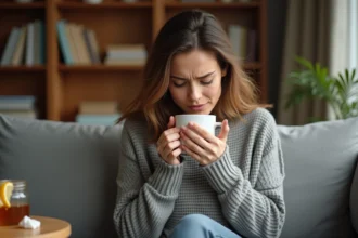 Femme adulte souffrant de quintes de toux assise sur un canapé avec une tasse chaude et du miel pour soulager la toux