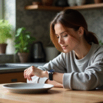 Femme en athleisure regarde sa montre dans la cuisine moderne