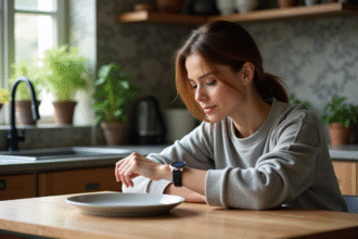 Femme en athleisure regarde sa montre dans la cuisine moderne