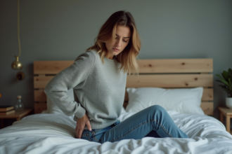 Femme pensive assise sur le lit dans une chambre chaleureuse