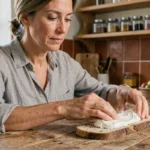 Femme préparant une biscotte avec de la ricotta dans une cuisine en bois, illustrant un régime alimentaire sain