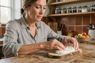Femme préparant une biscotte avec de la ricotta dans une cuisine en bois, illustrant un régime alimentaire sain
