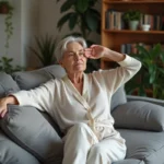 Femme d'âge moyen en détente chez elle sur un canapé