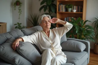 Femme d'âge moyen en détente chez elle sur un canapé