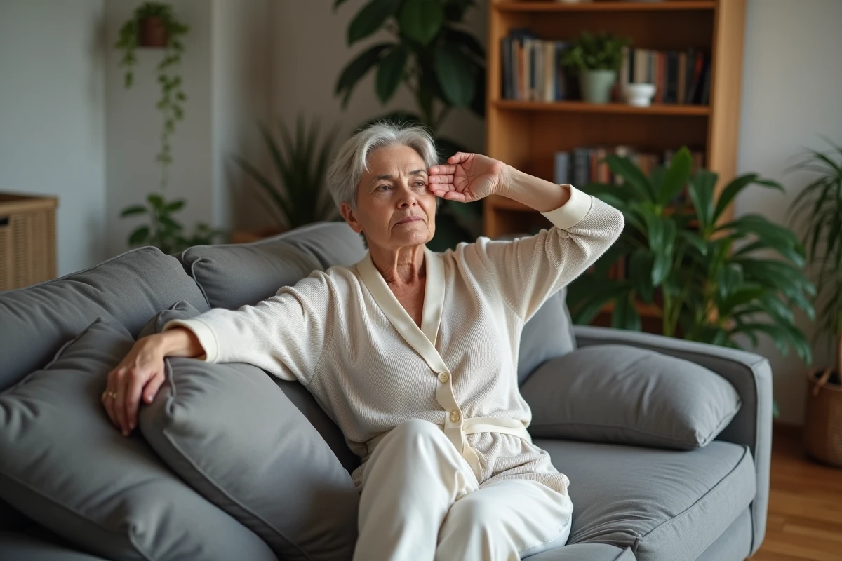 Femme d'âge moyen en détente chez elle sur un canapé