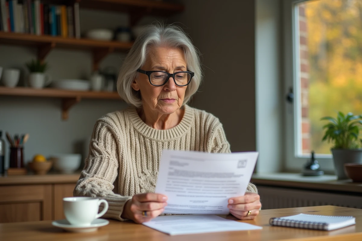 Femme d'une cinquantaine d'années lisant ses résultats d'analyses sanguines avec DFG élevé à la maison