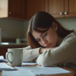 Jeune femme fatiguée dans sa cuisine au matin