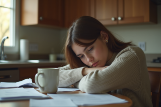 Jeune femme fatiguée dans sa cuisine au matin