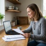 Femme réfléchie vérifiant documents médicaux à la maison