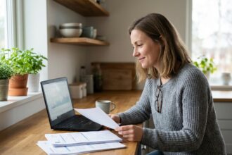 Femme réfléchie vérifiant documents médicaux à la maison