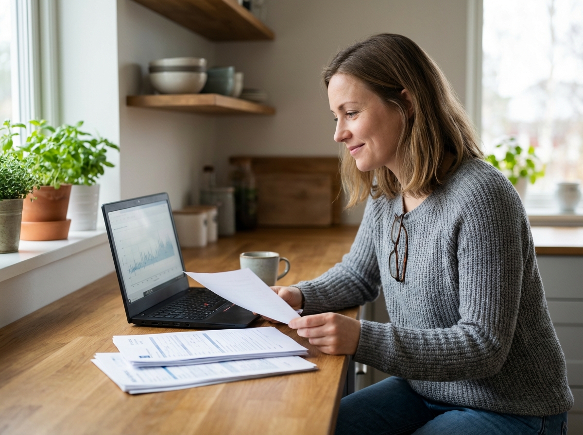 Femme réfléchie vérifiant documents médicaux à la maison