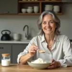 Femme souriante tenant de l'eau de riz dans une cuisine moderne