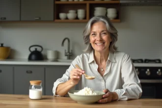 Femme souriante tenant de l'eau de riz dans une cuisine moderne