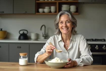 Femme souriante tenant de l'eau de riz dans une cuisine moderne