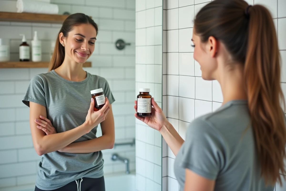 Femme lisant l'étiquette d'un complément gummies en salle de bain, routine bien-être et résultats Bears with Benefits