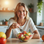 Jeune femme souriante dégustant une salade de fruits dans la cuisine