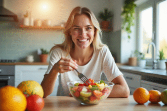 Jeune femme souriante dégustant une salade de fruits dans la cuisine